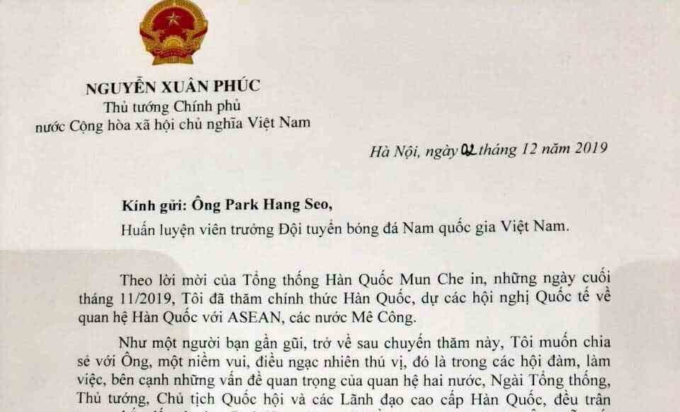 Thủ tướng Nguyễn Xuân Phúc gửi thư cho HLV Park Hang-seo: Chúc đội tuyển quốc gia Việt Nam thành công hơn nữa