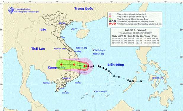 Bão số 5 đi vào Bình Định, Phú Yên và Khánh Hòa trong đêm 30-10