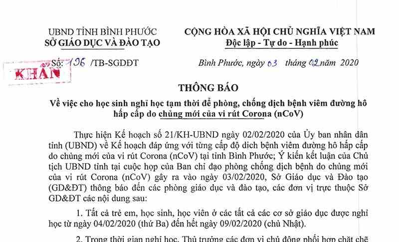 Bình Phước cho học sinh nghỉ học đến hết tuần để phòng chống dịch corona