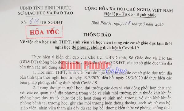 Bình Phước tạm cho học sinh THPT, sinh viên nghỉ đến ngày 28-3 để phòng dịch Covid-19