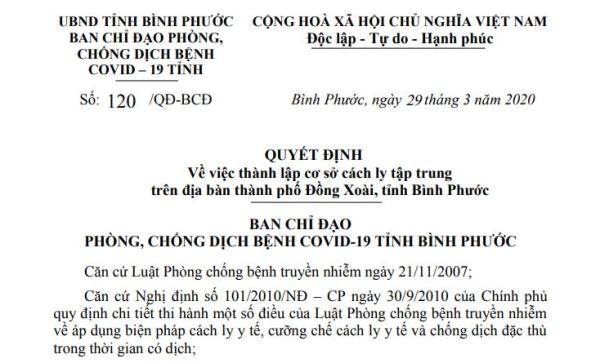Thành lập 5 cơ sở cách ly tập trung trên địa bàn thành phố Đồng Xoài