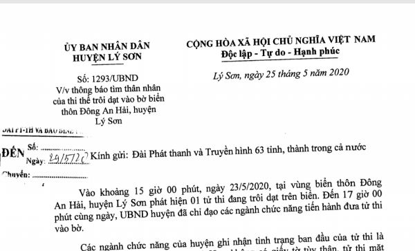 Truy t&igrave;m danh t&iacute;nh nạn nh&acirc;n tr&ocirc;i dạt v&agrave;o v&ugrave;ng biển L&yacute; Sơn