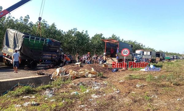 Lật xe tải chở điều, nhiều người dân hỗ trợ thu gom