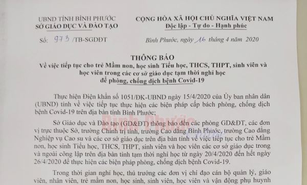 Bình Phước tiếp tục cho học sinh nghỉ học để phòng, chống dịch Covid-19