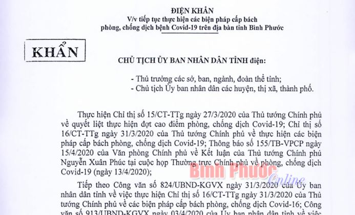 B&igrave;nh Phước tiếp tục gi&atilde;n c&aacute;ch x&atilde; hội từ 16-4 đến hết ng&agrave;y 22-4-2020