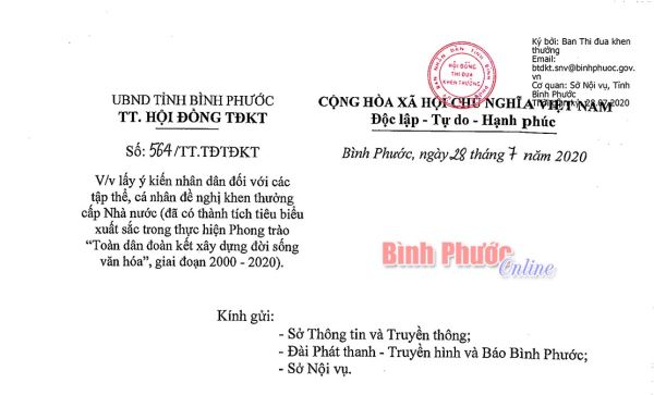 Lấy ý kiến nhân dân với  tập thể, cá nhân đề nghị khen thưởng cấp Nhà nước