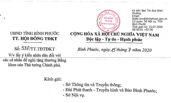 Lấy ý kiến nhân dân về đề nghị tặng bằng khen của Thủ tướng Chính phủ 