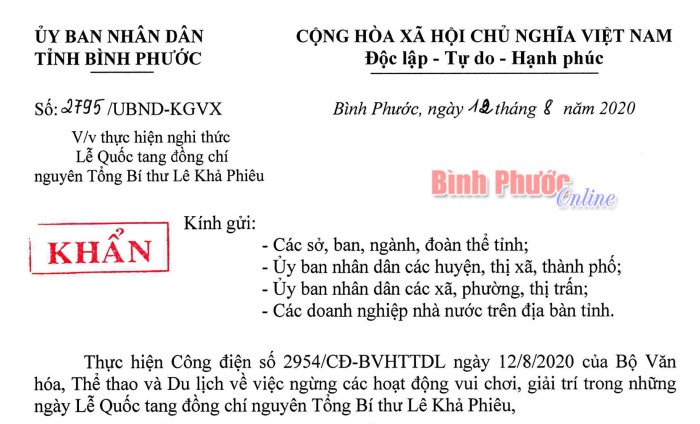 Bình Phước thực hiện nghi thức Lễ Quốc tang đồng chí nguyên Tổng bí thư Lê Khả Phiêu 