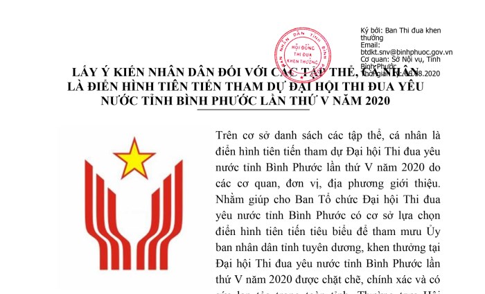 Lấy ý kiến nhân dân với các tập thể, cá nhân tham gia Đại hội Thi đua yêu nước Bình Phước lần thứ V, năm 2020