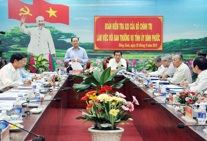 Đo&agrave;n kiểm tra của Bộ ch&iacute;nh trị l&agrave;m việc với Ban thường vụ tỉnh ủy B&igrave;nh Phước về thực hiện Chỉ thị 03-CT/TW v&agrave; Nghị quyết TW4