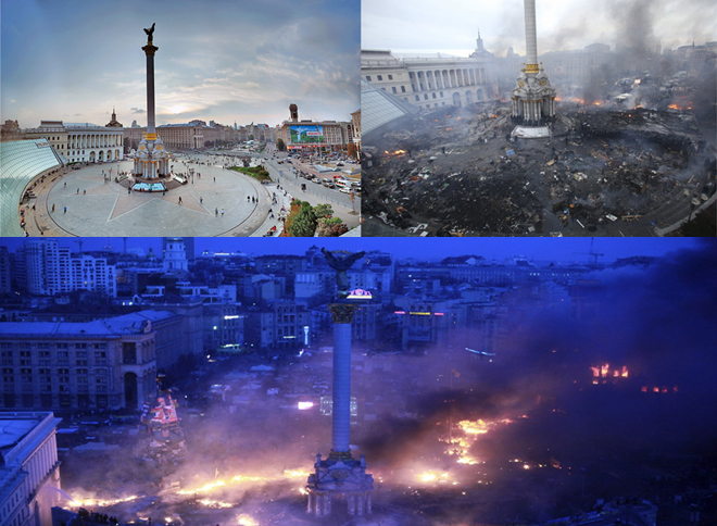 Hình ảnh sốc về thủ đô Kiev trước và sau bạo loạn
