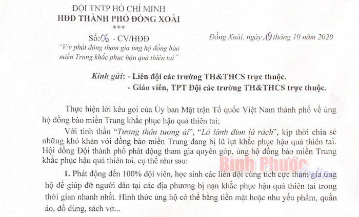 Hội đồng đội Đồng Xoài kêu gọi ủng hộ đồng bào miền Trung