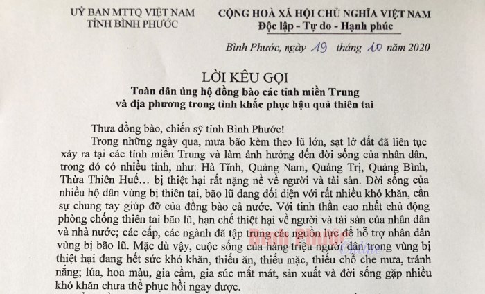 Ủy ban MTTQ Việt Nam tỉnh Bình Phước kêu gọi ủng hộ đồng bào các tỉnh miền Trung khắc phục hậu quả thiên tai