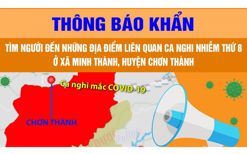 THÔNG BÁO KHẨN: Tìm người đến những địa điểm liên quan ca nghi nhiễm thứ 8 ở xã Minh Thành, huyện Chơn Thành