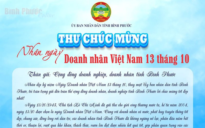 Thư của Chủ tịch UBND tỉnh Bình Phước chúc mừng Ngày Doanh nhân Việt Nam 13-10-2022