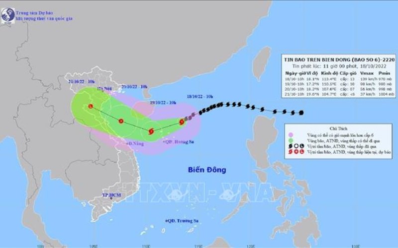 Vùng gần tâm bão số 6 có sức gió mạnh cấp 12, giật cấp 14