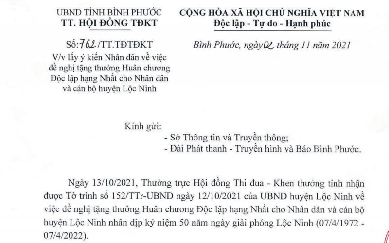 Đề nghị tặng thưởng Huân chương Độc lập hạng Nhất cho nhân dân và cán bộ huyện Lộc Ninh