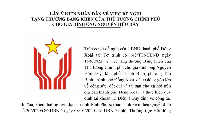Lấy ý kiến nhân dân về trường hợp đề nghị tặng thưởng Bằng khen của Thủ tướng Chính phủ