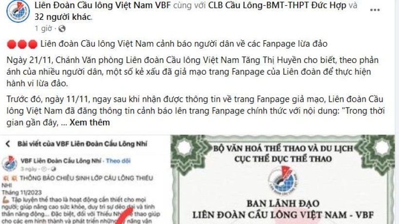 Liên đoàn Cầu lông Việt Nam cảnh báo người dân về các Fanpage lừa đảo