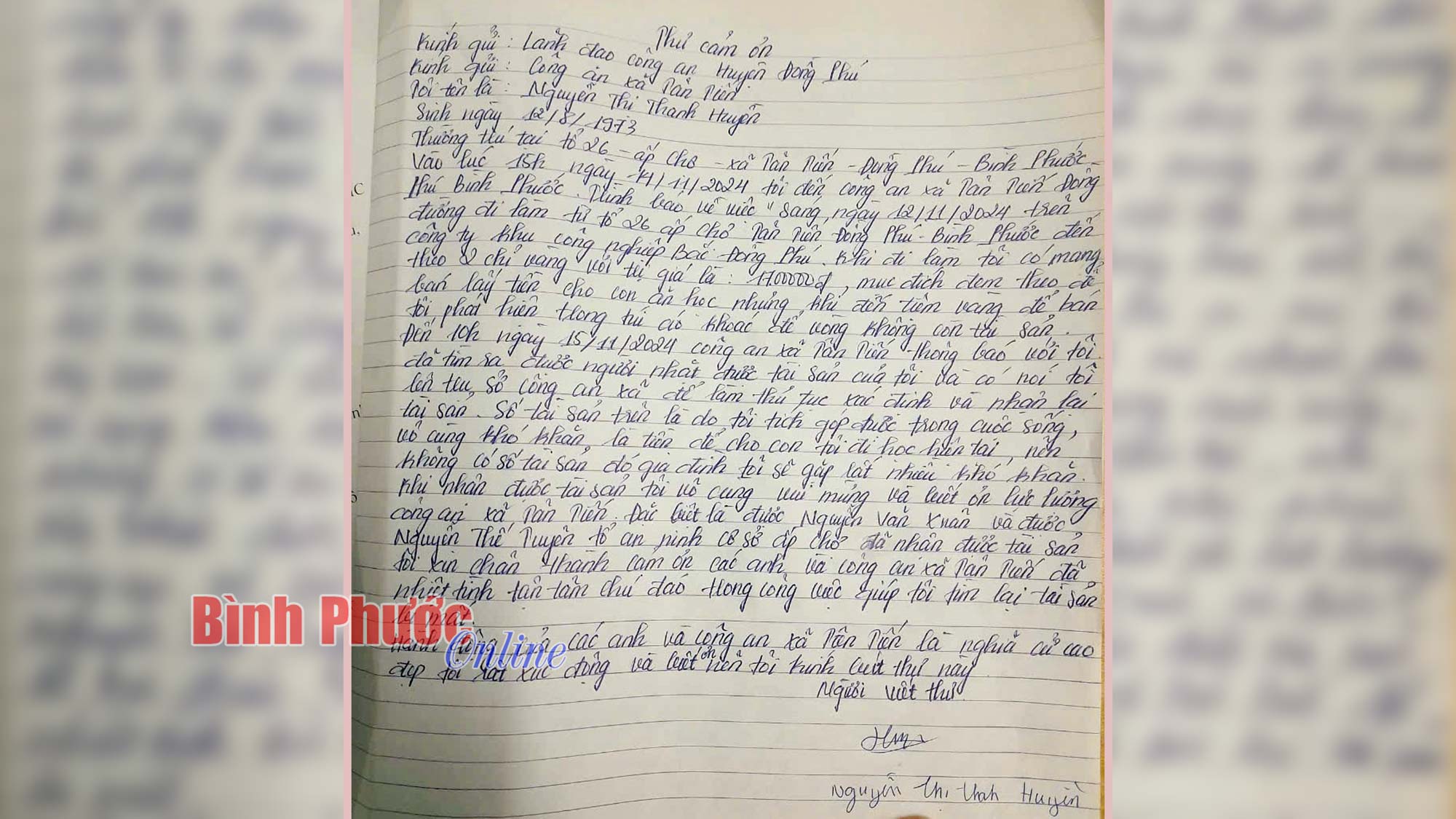 Người dân viết thư cảm ơn lực lượng công an giúp tìm lại tài sản 