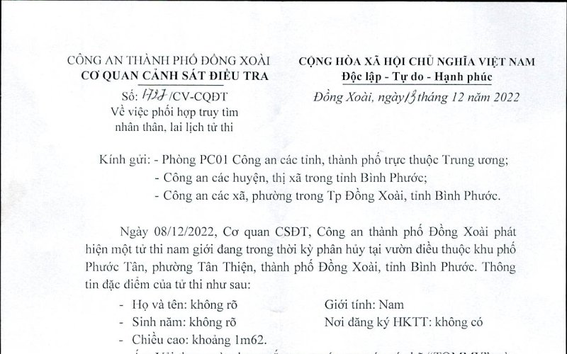 Công an thành phố Đồng Xoài thông báo về việc phối hợp truy tìm nhân thân, lai lịch tử thi