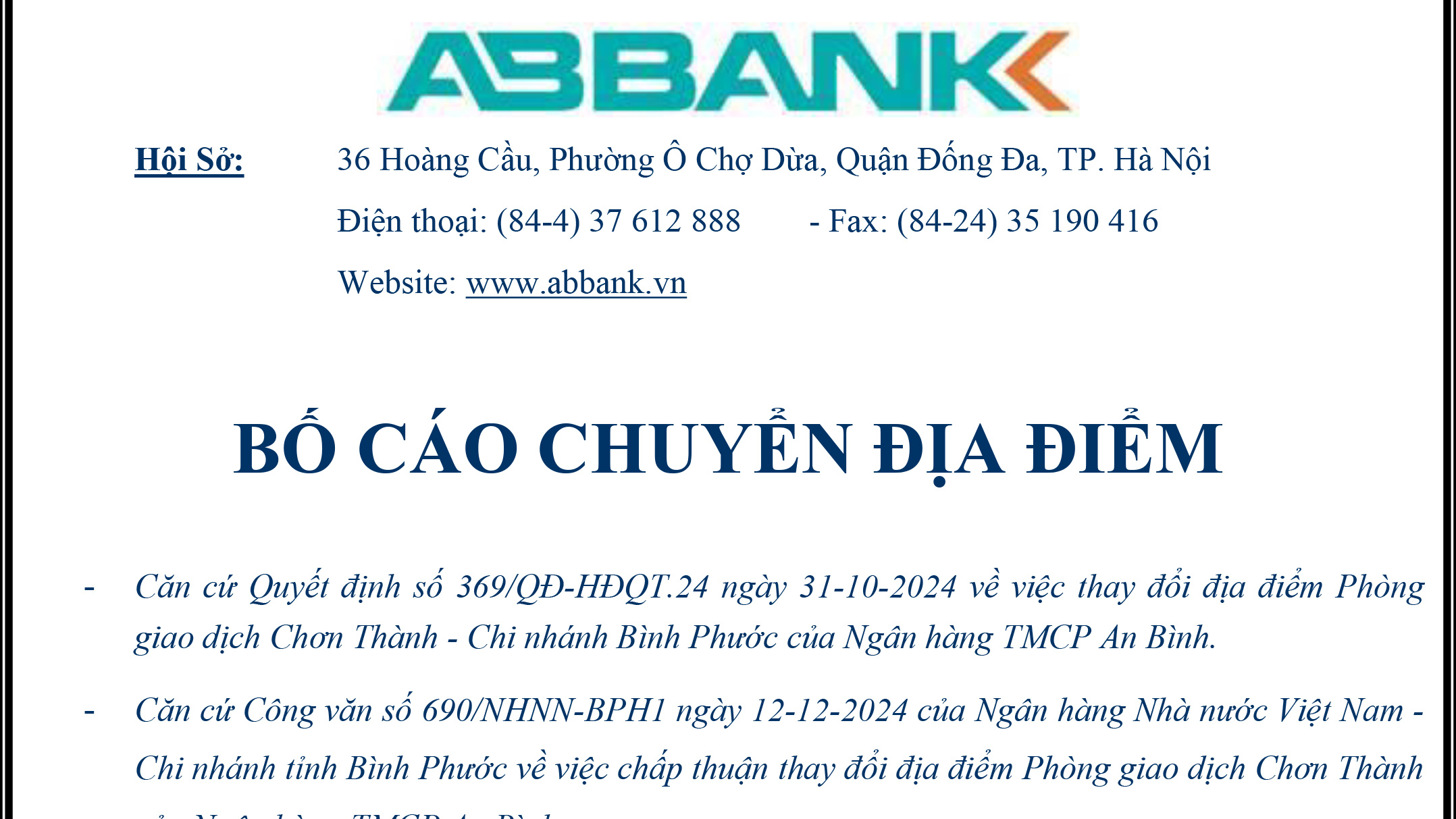 Ngân hàng TMCP An Bình - ABBANK thông báo thay đổi địa điểm phòng giao dịch Chơn Thành