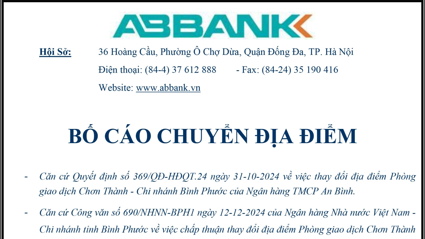 Ngân hàng TMCP An Bình - ABBANK thông báo thay đổi địa điểm phòng giao dịch Chơn Thành