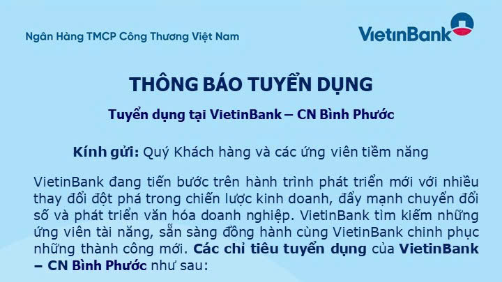 VietinBank chi nhánh Bình Phước thông báo tuyển dụng