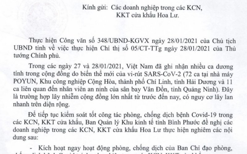 Ban Quản lý Khu kinh tế tỉnh yêu cầu doanh nghiệp KCN, KKT cửa khẩu Hoa Lư thực hiện nghiêm phòng, chống COVID-19