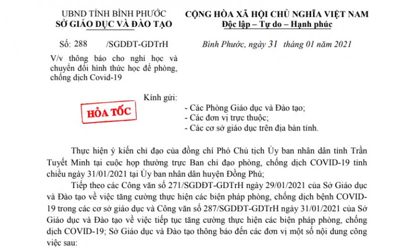 Học sinh Bình Phước được nghỉ học từ ngày 1-2 để phòng, chống COVID-19