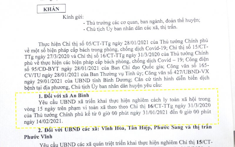 Huyện Phú Giáo ban hành công văn khẩn yêu cầu hạn chế di chuyển, cách ly xã hội với xã An Bình