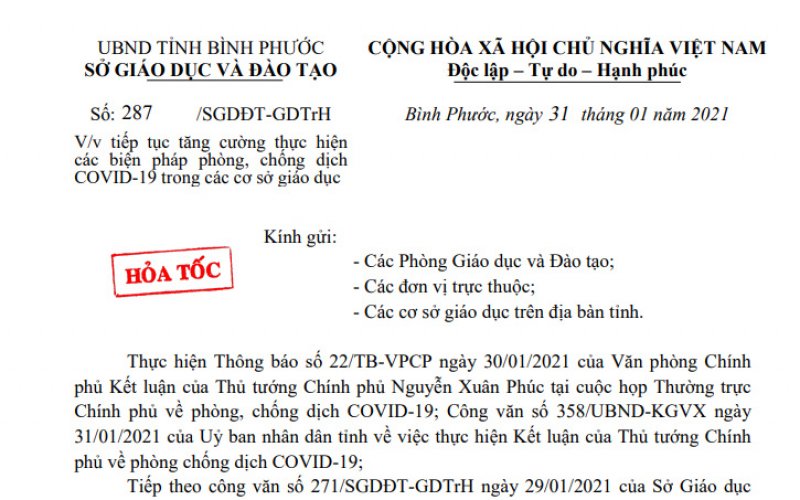 Sở Giáo dục - Đào tạo Bình Phước tiếp tục tăng cường các biện pháp phòng, chống COVID-19