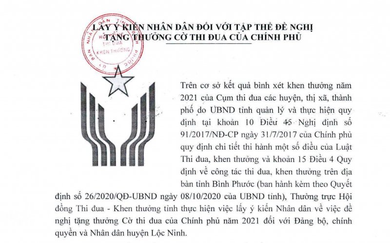 Lấy ý kiến tặng cờ thi đua Chính phủ năm 2021 cho Đảng bộ, chính quyền và nhân dân huyện Lộc Ninh