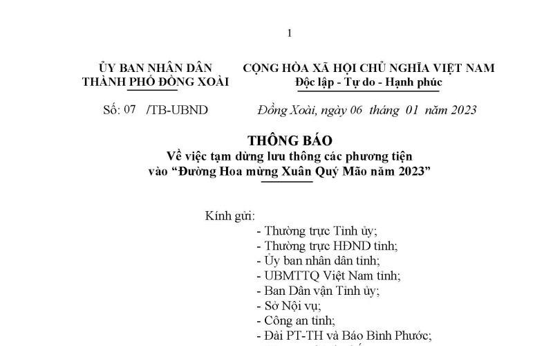 UBND thành phố Đồng Xoài thông báo tạm dừng lưu thông các phương tiện vào “Đường Hoa mừng Xuân Quý Mão năm 2023”