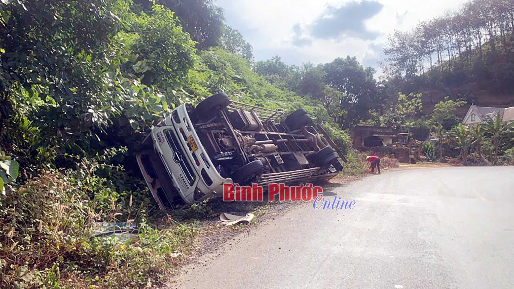 Bình Phước: Xe tải chở gà lật, tài xế và phụ xe thoát chết 