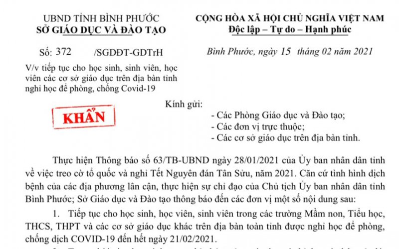 Bình Phước: Đảm bảo phòng chống Covid-19 an toàn, học sinh tiếp tục nghỉ đến 21-2
