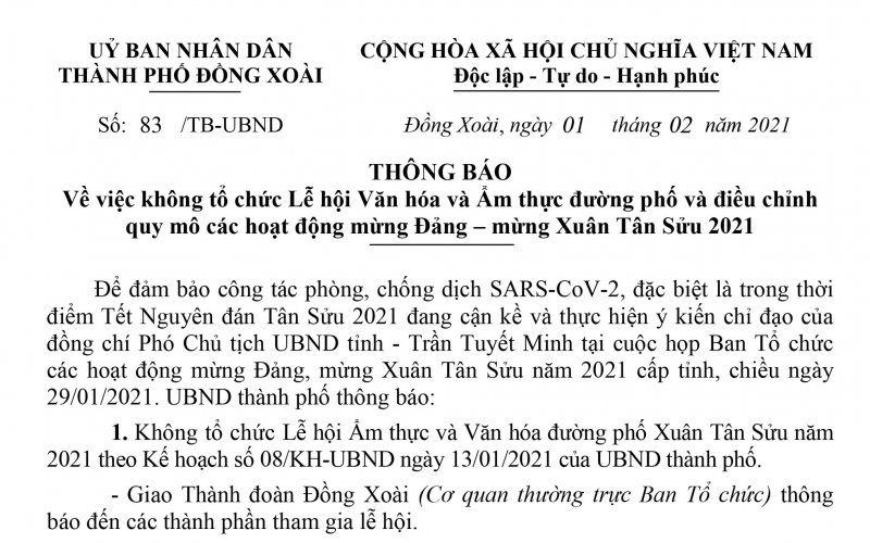Đồng Xoài: Không tổ chức Lễ hội Văn hóa và ẩm thực đường phố Xuân Tân Sửu 2021