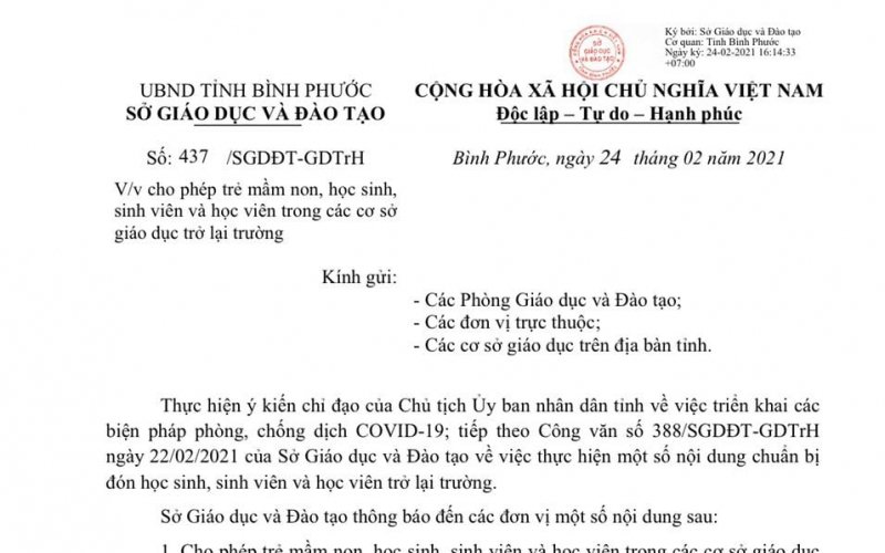 Học sinh, sinh viên Bình Phước bắt đầu đi học trở lại từ ngày 1-3