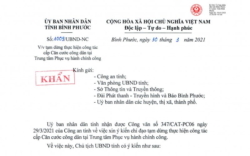 Bình Phước tạm dừng cấp căn cước công dân tại Trung tâm Phục vụ hành chính công