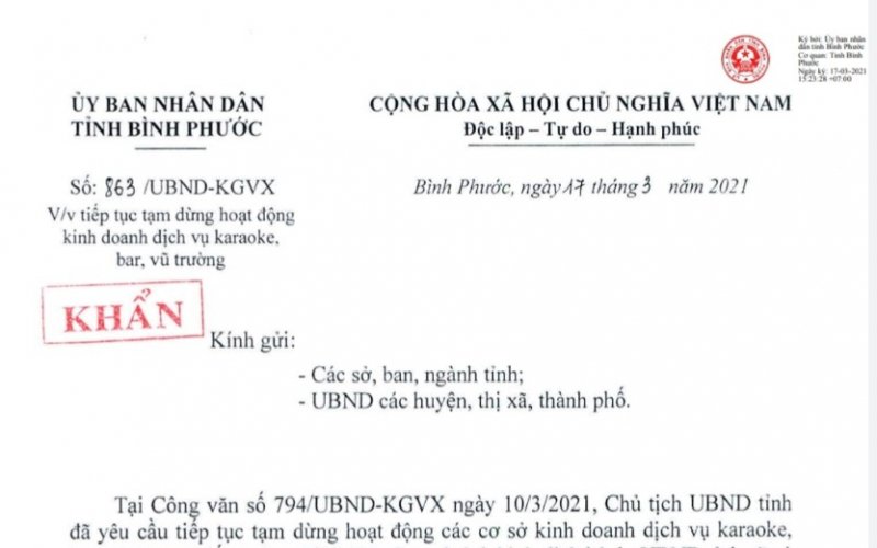 Bình Phước: Tiếp tục tạm dừng hoạt động dịch vụ karaoke, bar, vũ trường