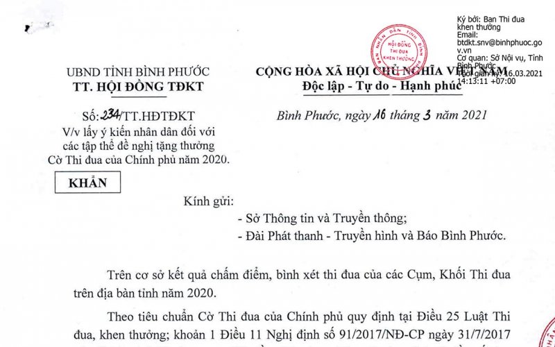 Lấy ý kiến nhân dân đối với tập thể đề nghị tặng thưởng cờ thi đua Chính phủ 2020