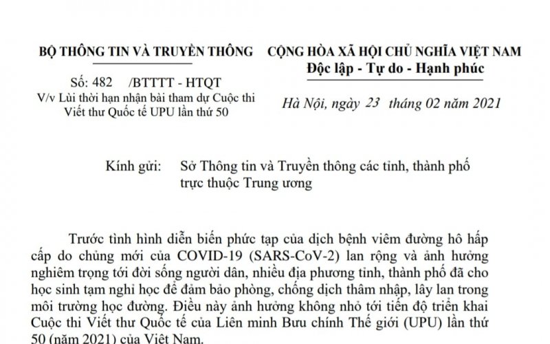 Lùi thời gian nhận bài tham dự cuộc thi Viết thư Quốc tế UPU lần thứ 50