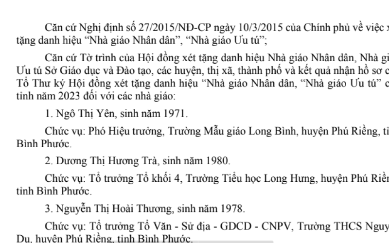 Bình Phước: Thăm dò dư luận về cá nhân được đề nghị xét tặng danh hiệu Nhà giáo ưu tú lần thứ 16, năm 2023