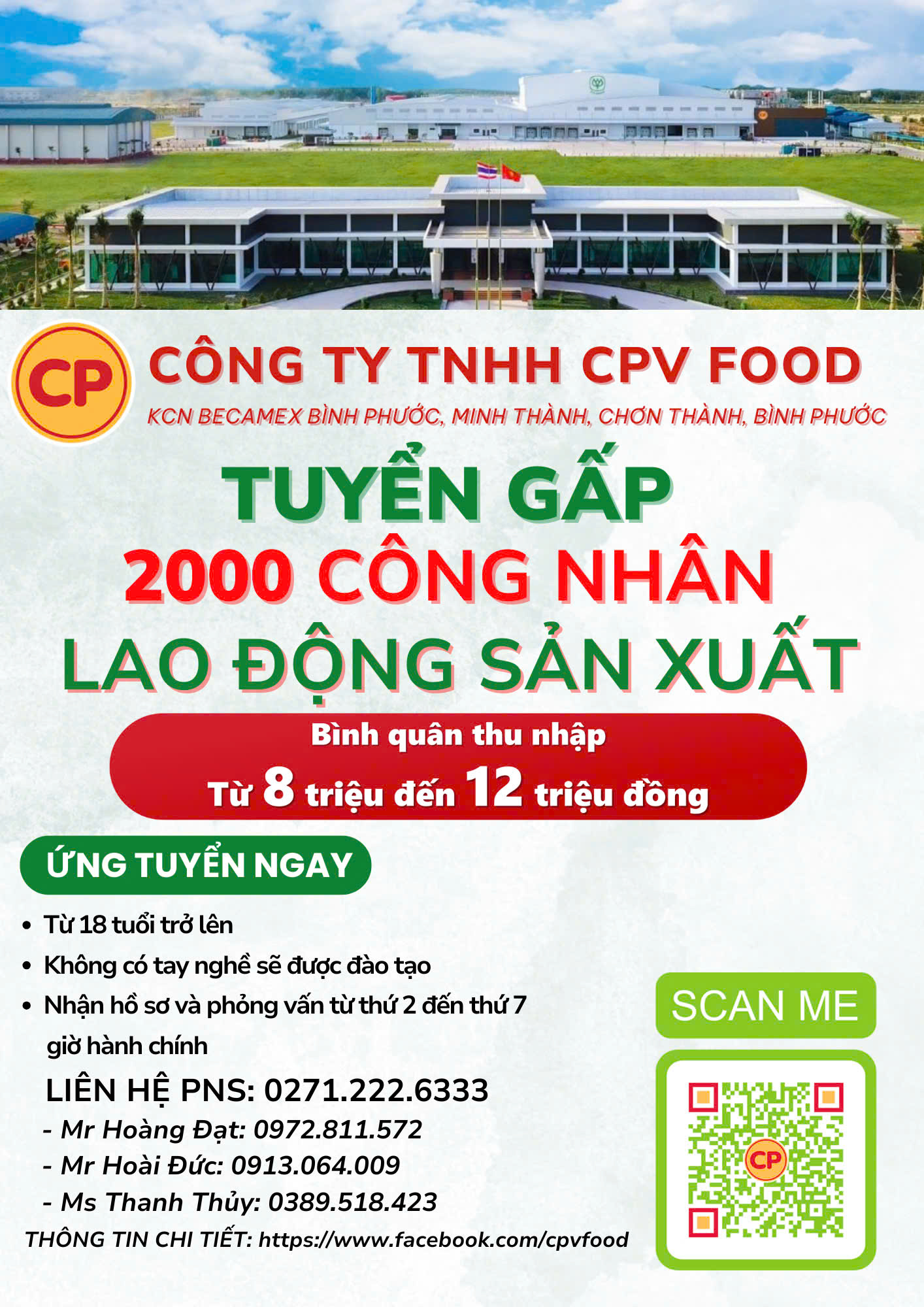 Công ty TNHH CPV Food Bình Phước tuyển gấp 2.000 công nhân lao động sản xuất