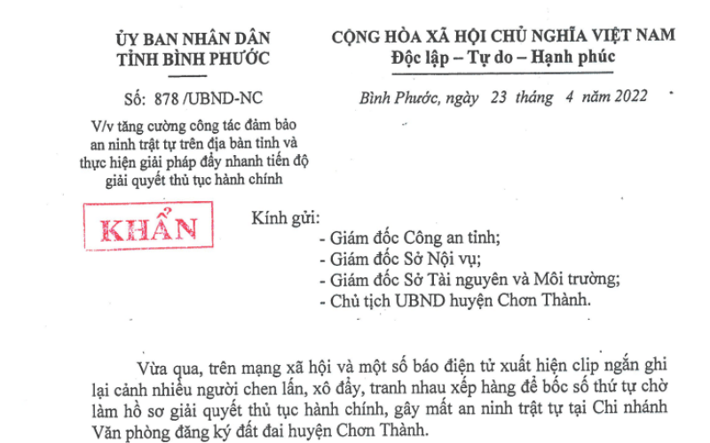 Bình Phước: Phối hợp giải quyết dứt điểm tình trạng chen lấn tại Chi nhánh Văn phòng đăng ký đất đai huyện Chơn Thành