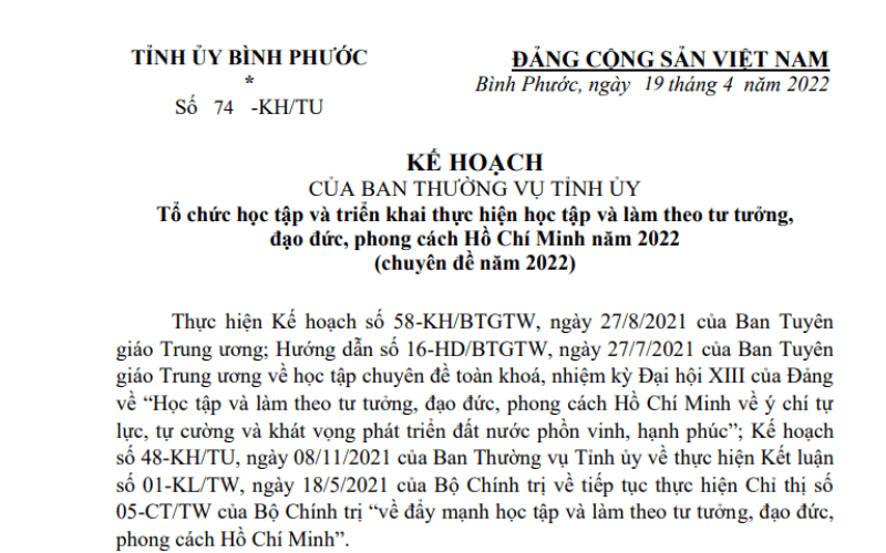 Bình Phước tổ chức học tập và làm theo tư tưởng, đạo đức, phong cách Hồ Chí Minh năm 2022