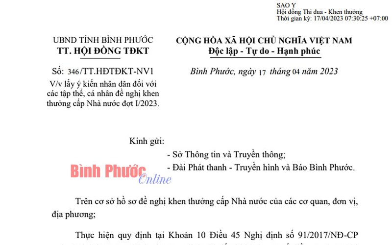 Lấy ý kiến nhân dân các tập thể, cá nhân đề nghị khen thưởng cấp Nhà nước đợt 1 năm 2023