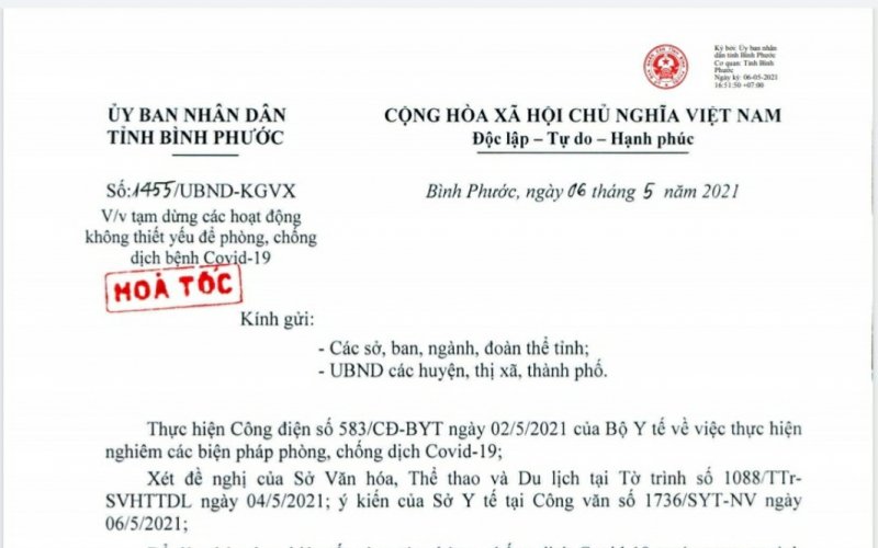 Bình Phước tạm dừng các hoạt động không thiết yếu để phòng, chống dịch Covid-19