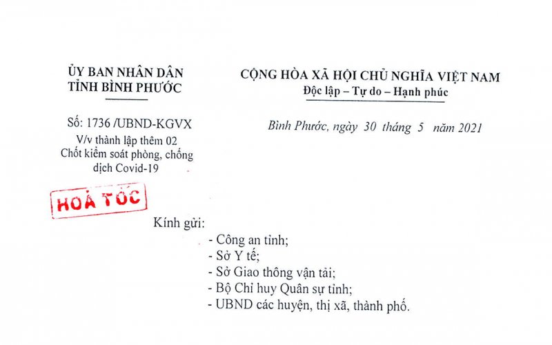 Bình Phước thành lập thêm 2 chốt kiểm soát phòng, chống dịch Covid-19