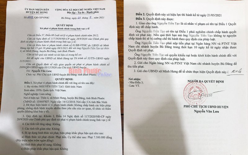 Huyện Bù Đăng xử phạt 7,5 triệu đồng một công dân không khai báo y tế